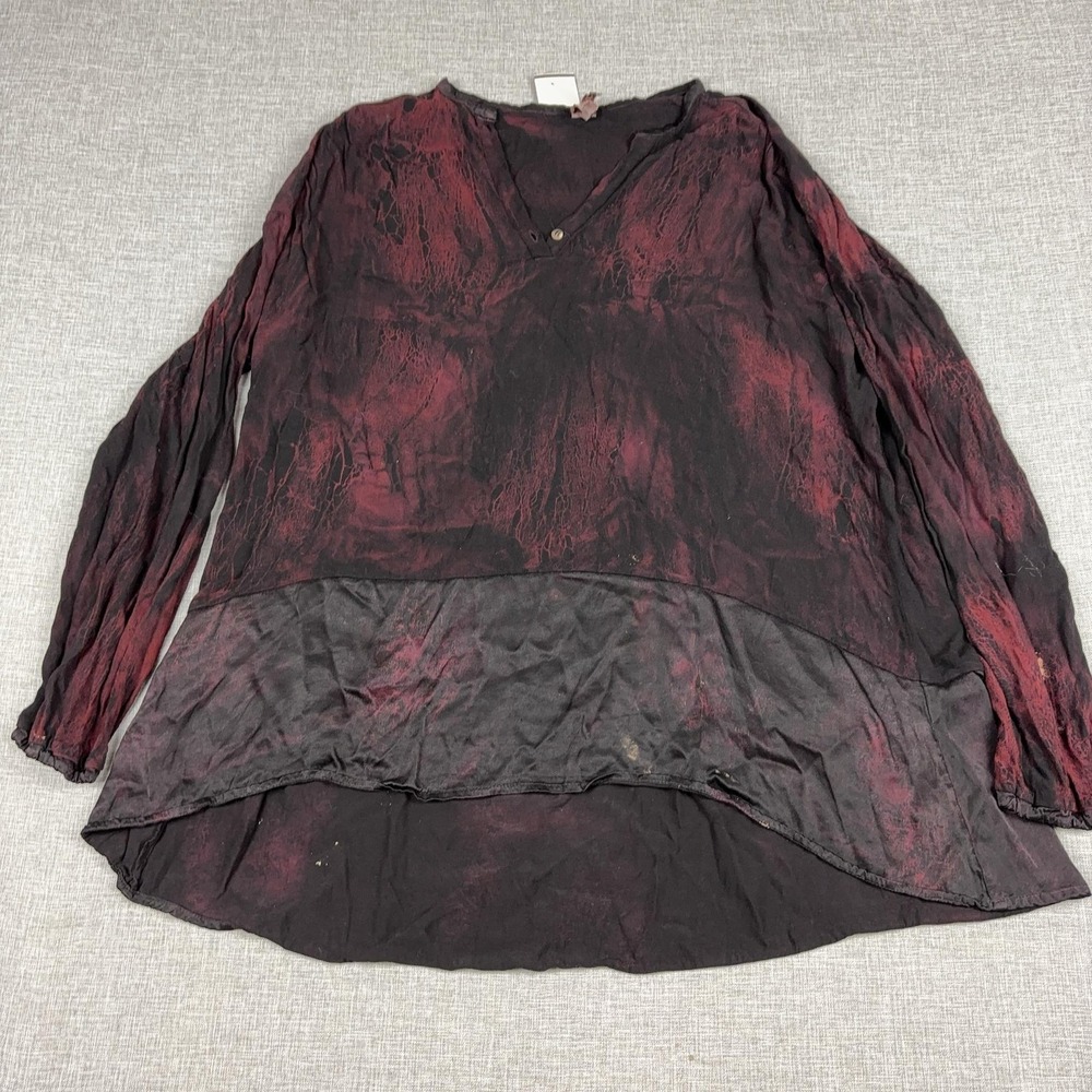 XCVI Blouse Womens M Red Henley Long Sleeve‎ Crinkle Hi-Low Tunic Lightweight